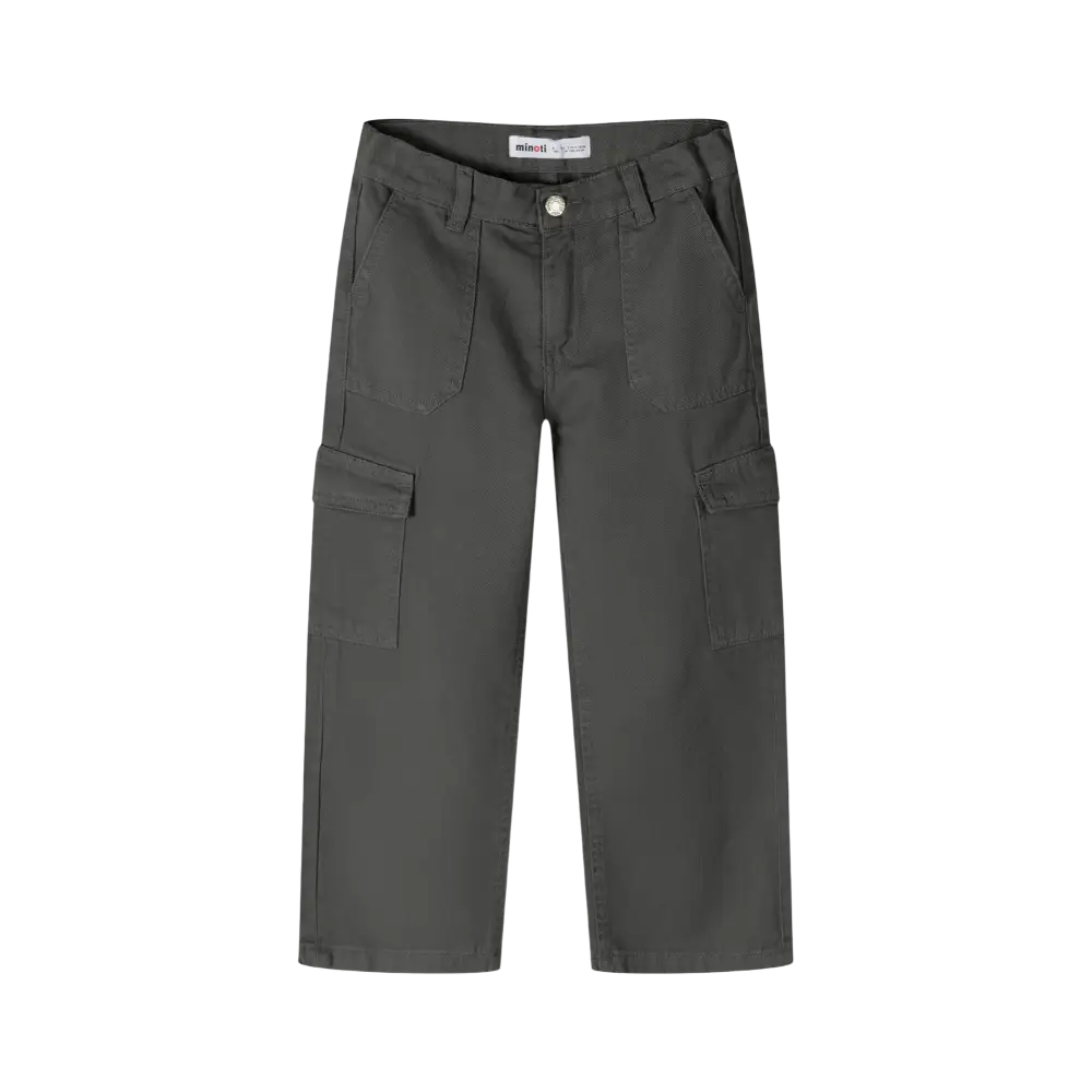 Back view of grey cargo trousers showing rear pockets and wide leg silhouette on black background