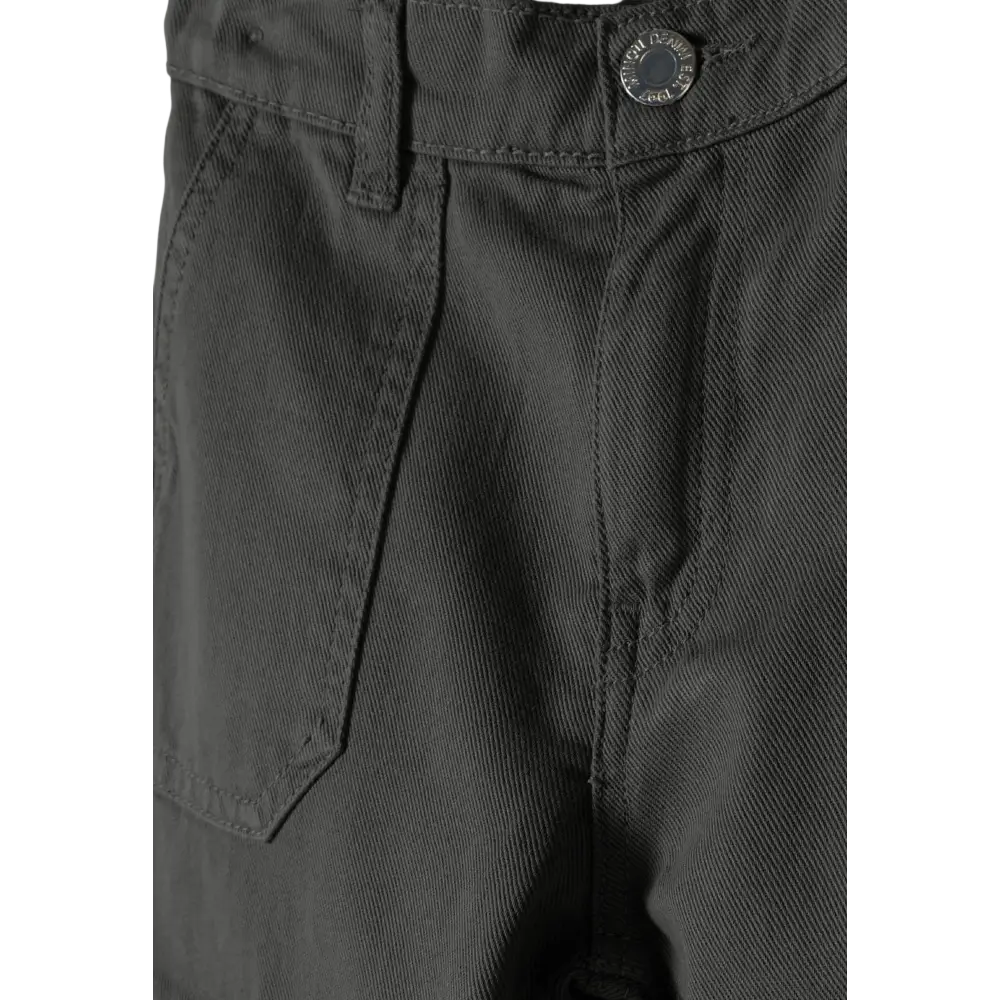 Close-up detail of grey cargo trousers waistband showing button closure and fabric texture on black background