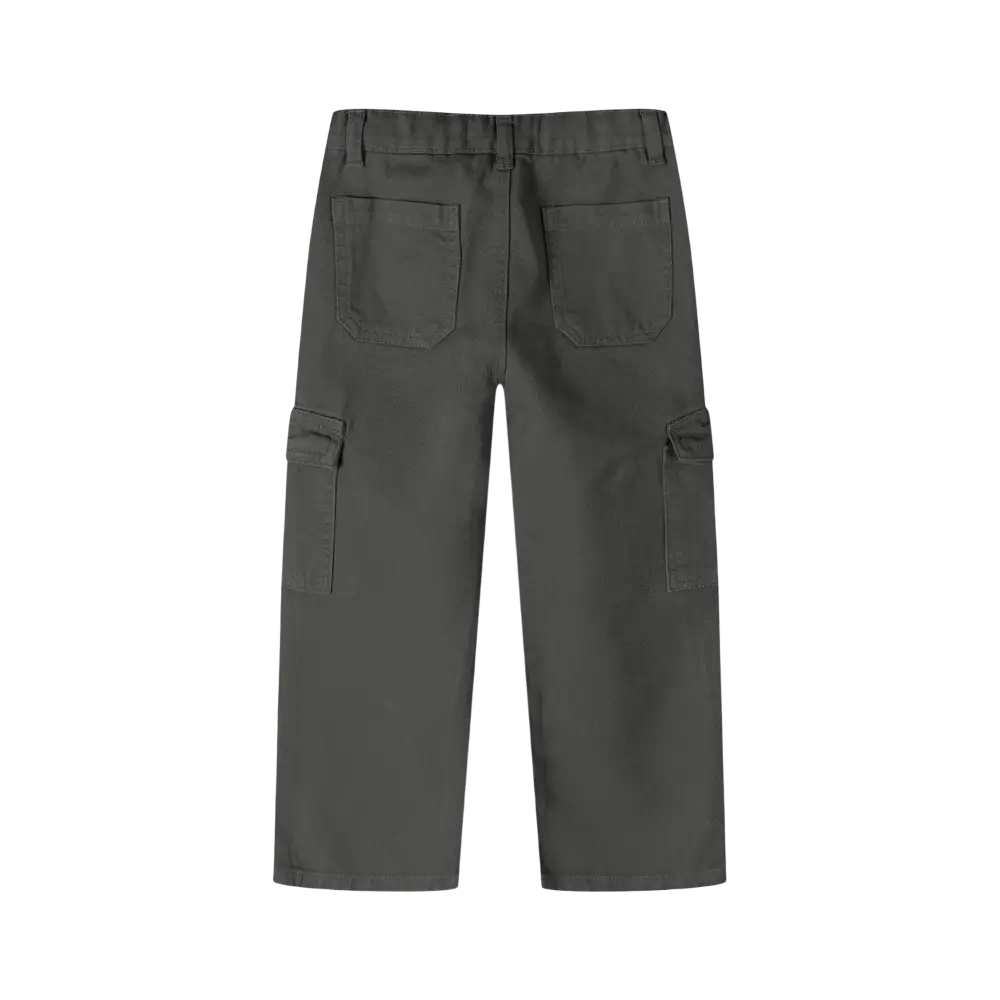 Back view of grey cargo trousers showing rear pockets and wide leg silhouette on black background