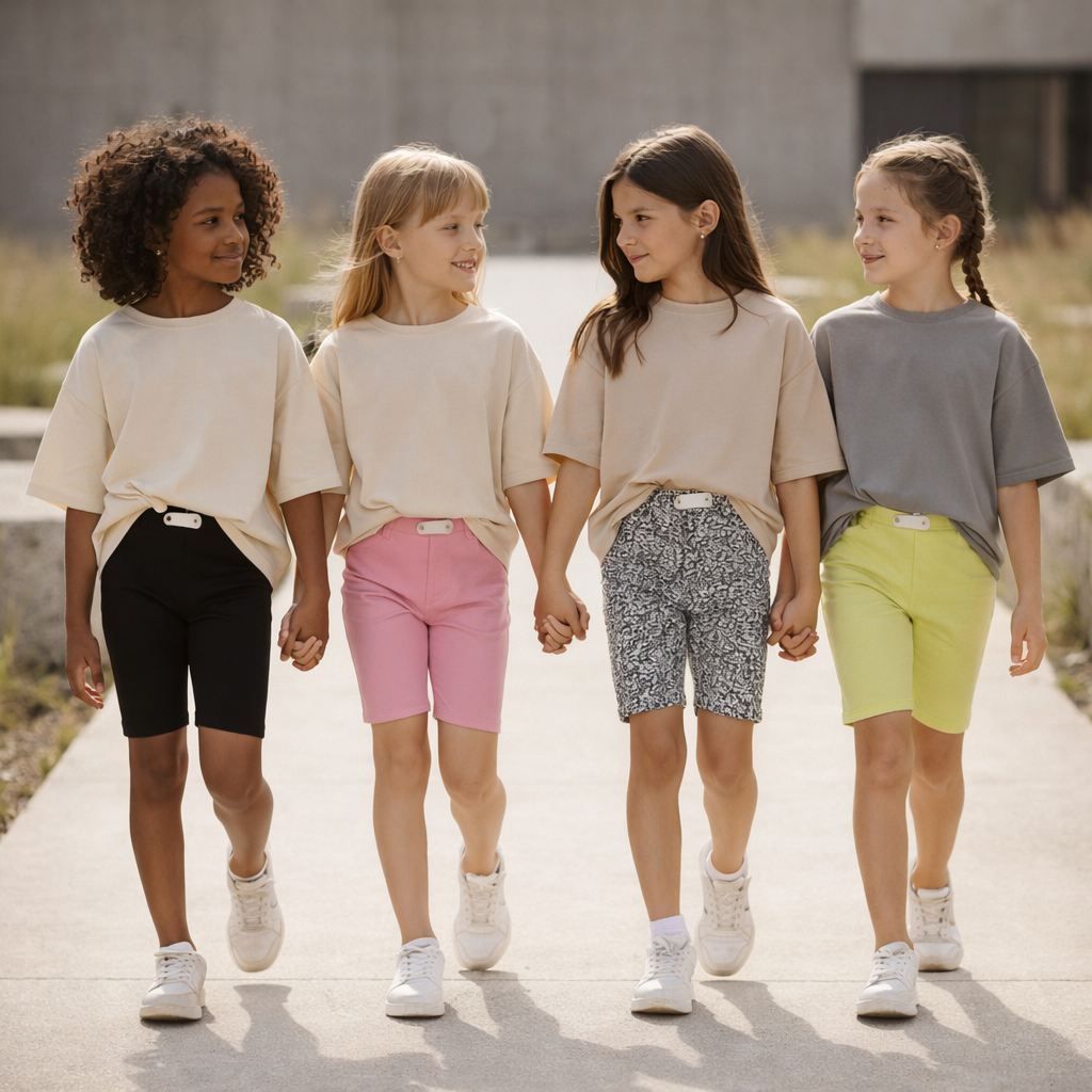 Four girls wearing cycling shorts and oversized t-shirts walking hand in hand on concrete pathway, showcasing different colours including black, pink, animal print and yellow shorts
