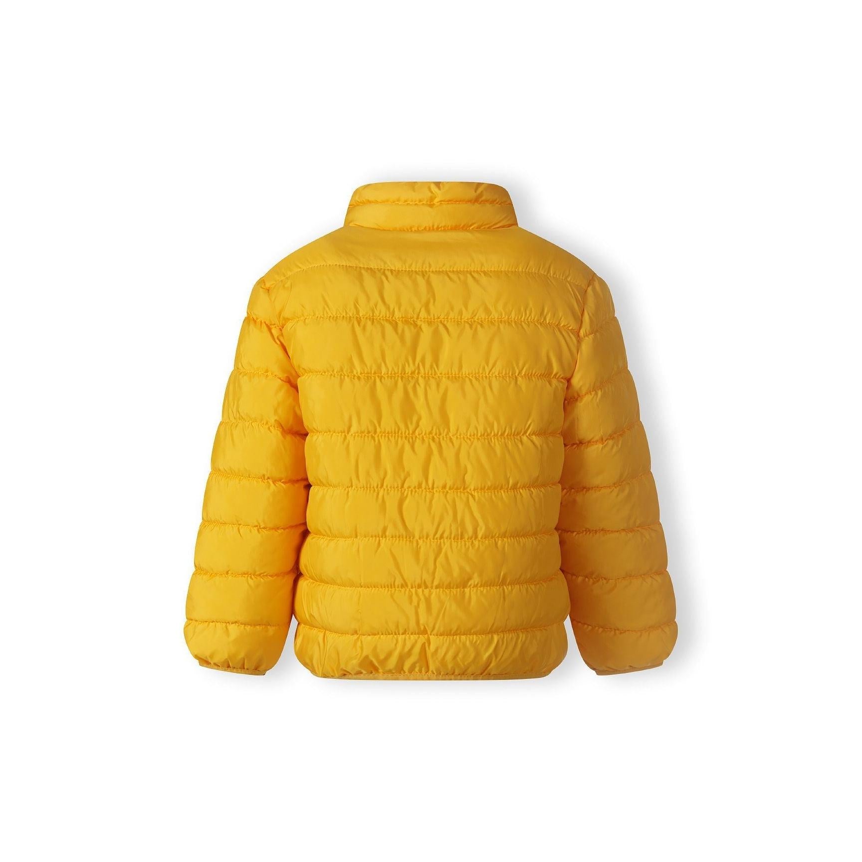 Back view of bright yellow quilted jacket showing horizontal padded panels and ribbed collar detail on white background