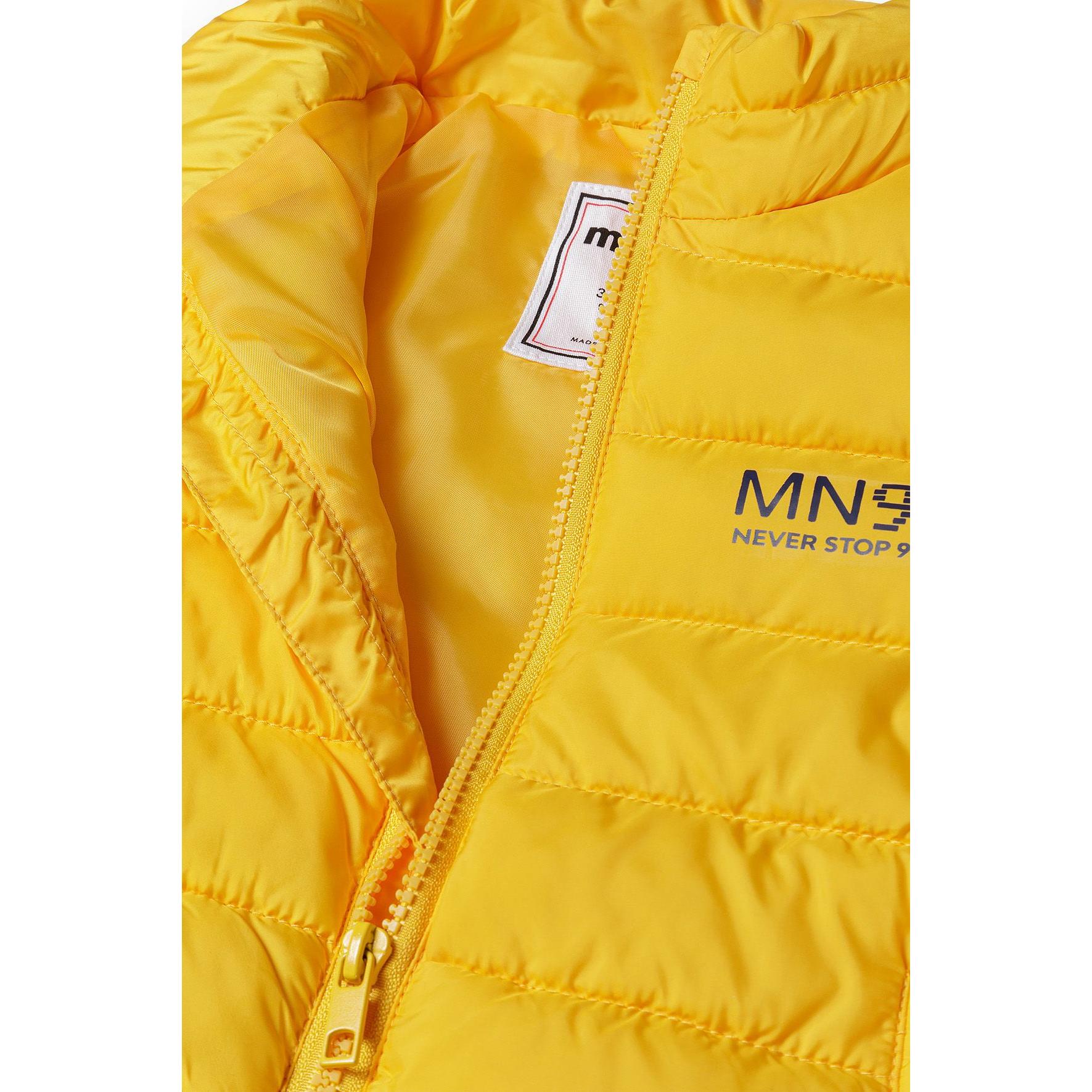 Close-up detail of yellow jacket showing zip closure, Minoti brand label, and quilted padding texture