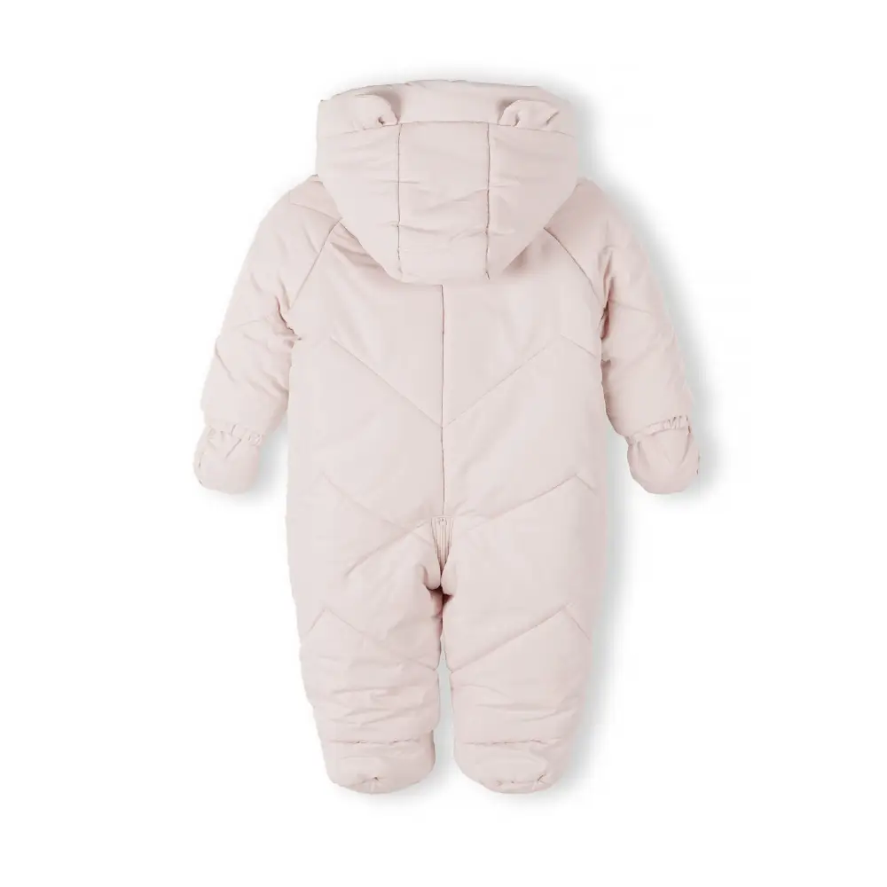 Light pink quilted snowsuit with hood featuring adorable ears, full front zip, and attached mittens displayed on white background