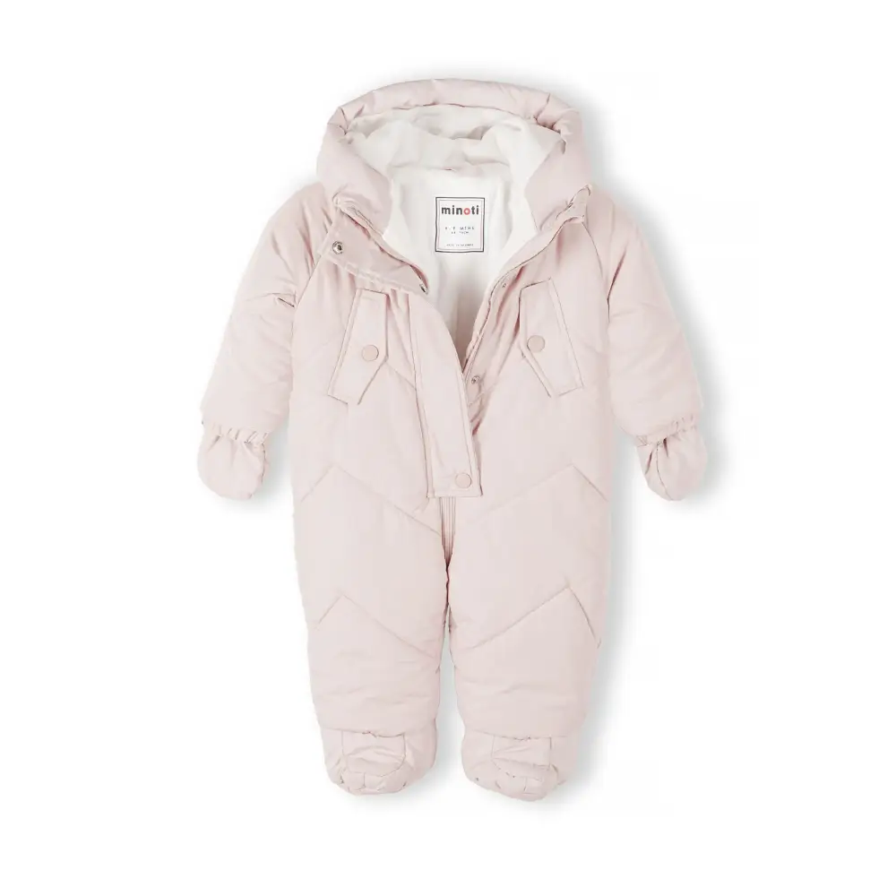 Close-up detail of light pink snowsuit showing quilted texture, attached padded mittens with elastic cuffs, and soft fabric finish