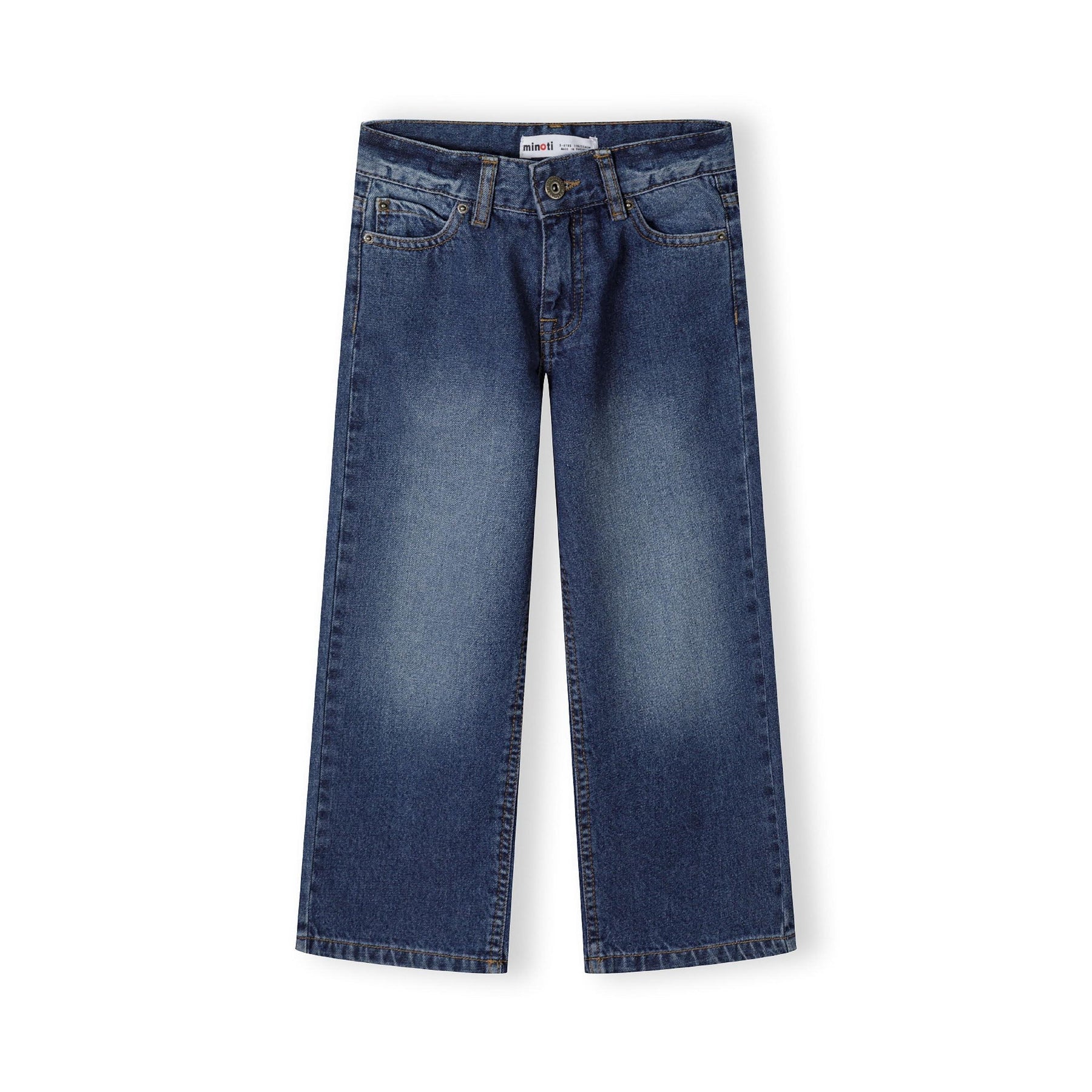 Back view of navy baggy fit jeans showing traditional five-pocket styling and waistband label on white background
