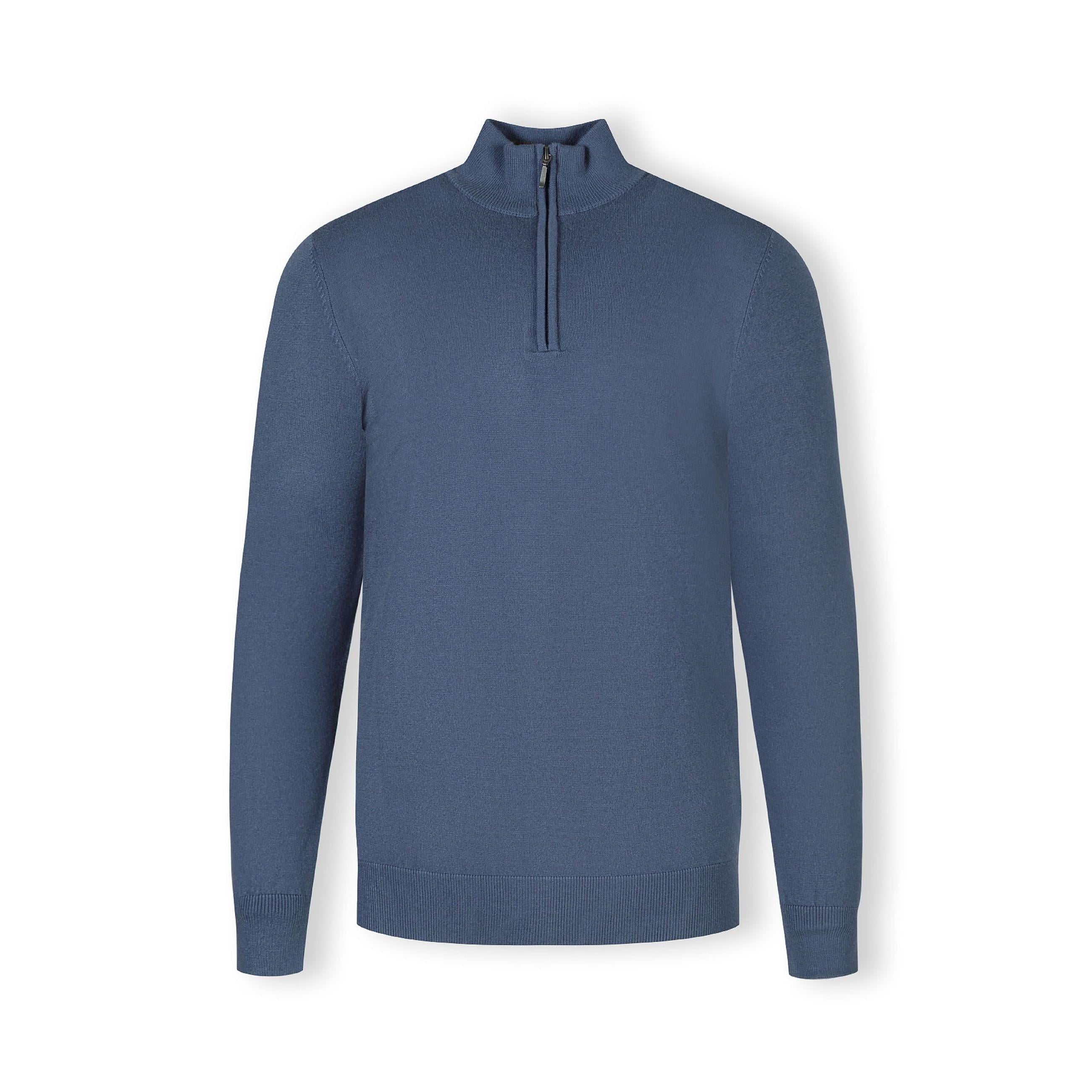 Blue half zip jumper laid flat showing full garment details, stand collar and ribbed cuffs visible, white background