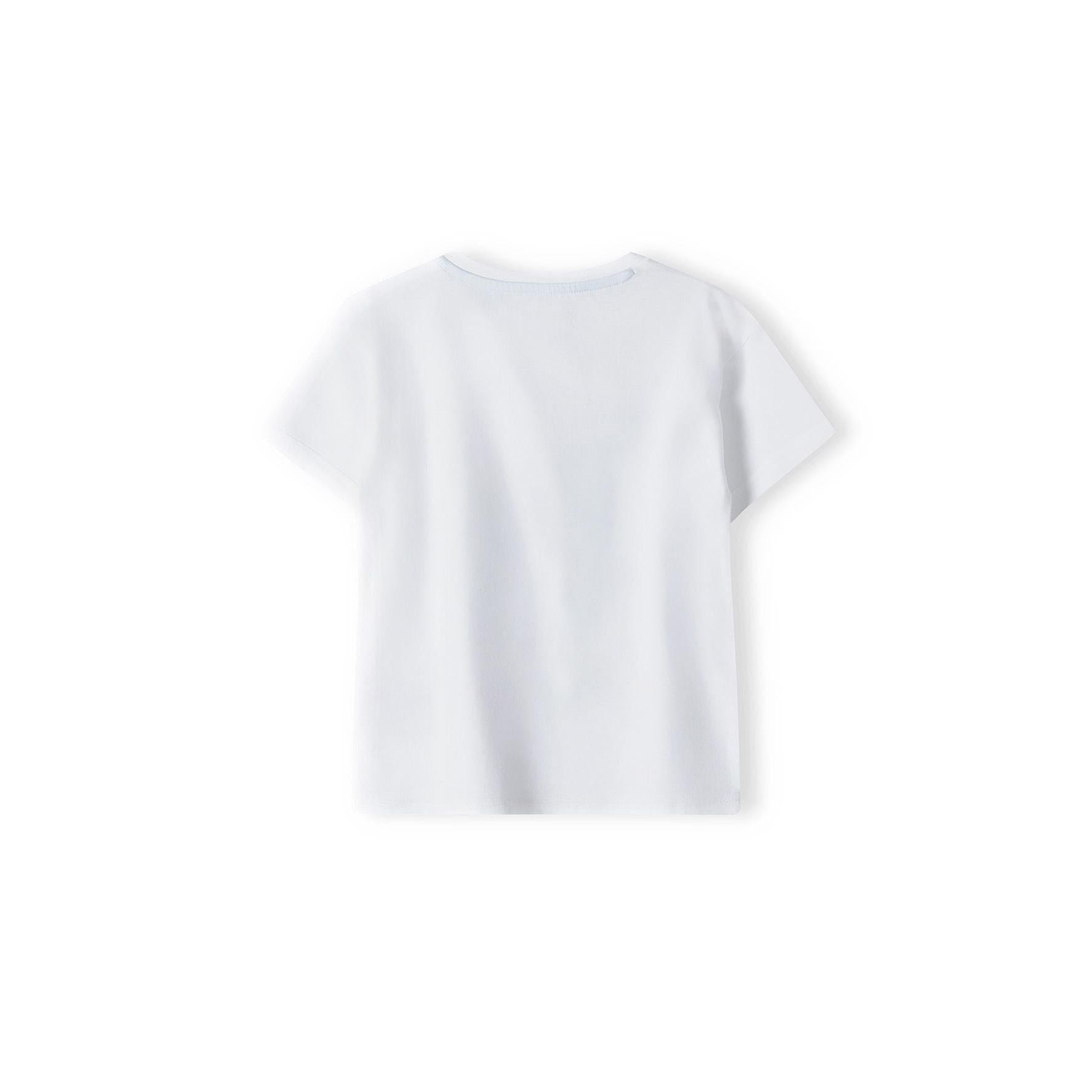Back view of white t-shirt laid flat showing plain design without graphics