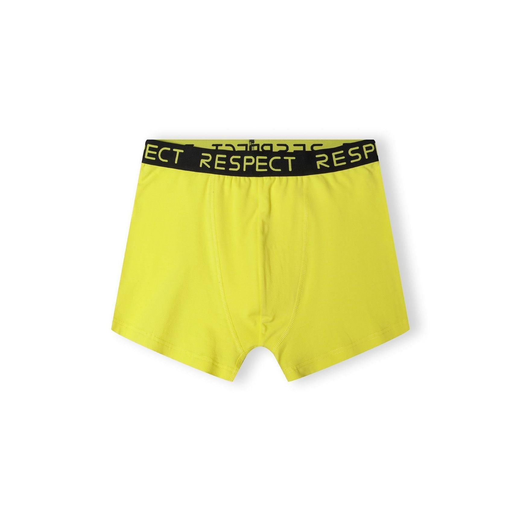Single blue boxer shorts with black Respect branded waistband displayed flat against white background