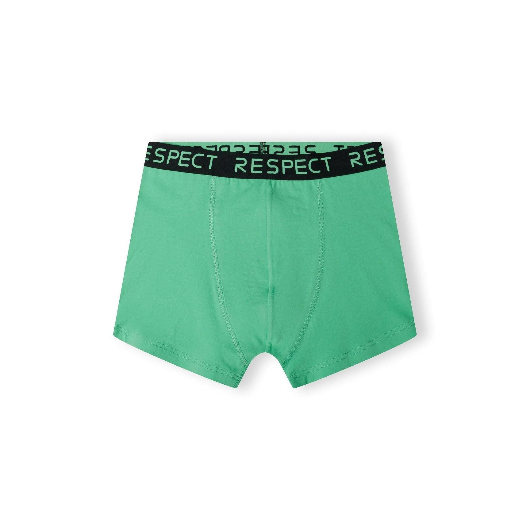 Single blue boxer shorts with black Respect branded waistband displayed flat against white background