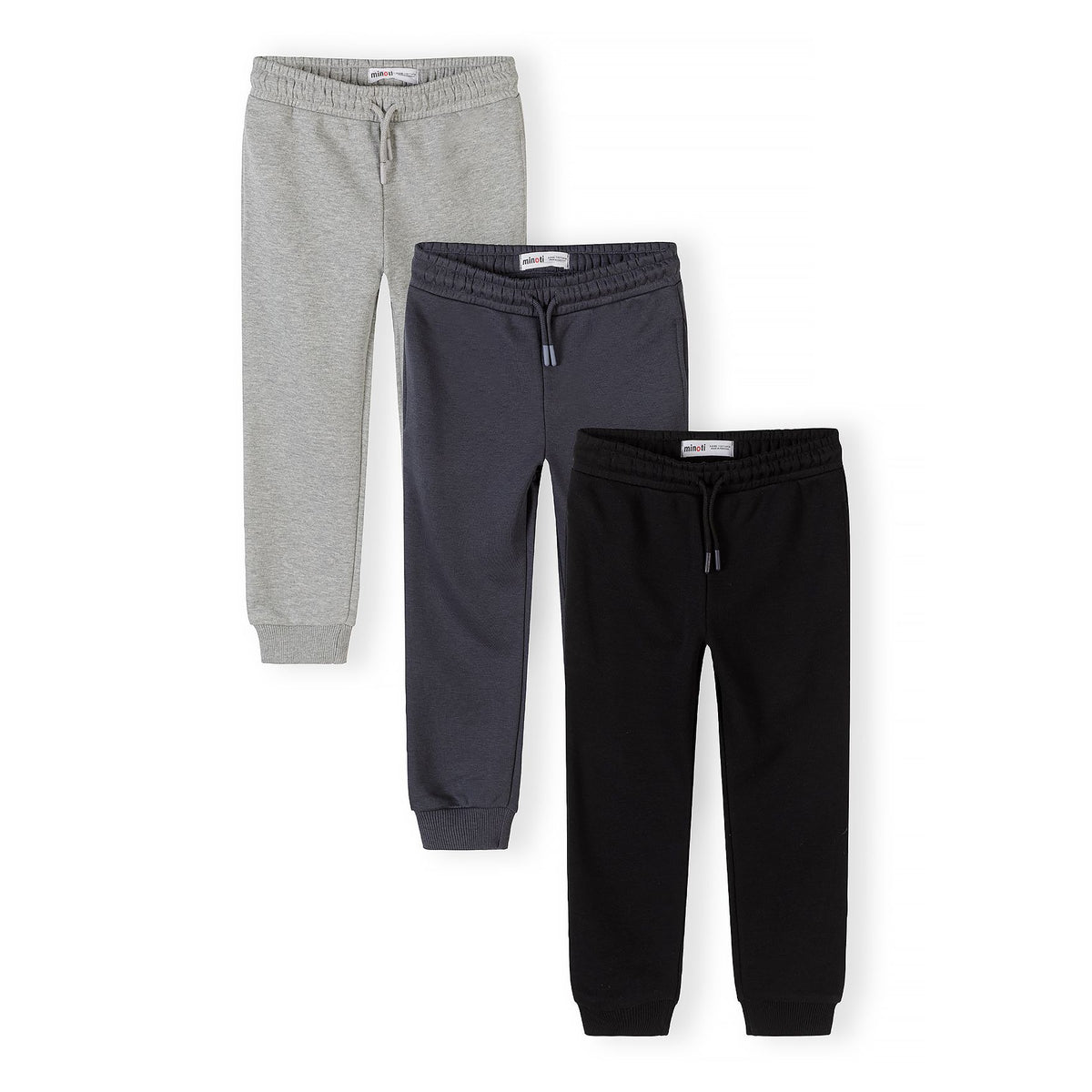 Boys' joggers 3-pack in grey marl, charcoal and black, full view on white background