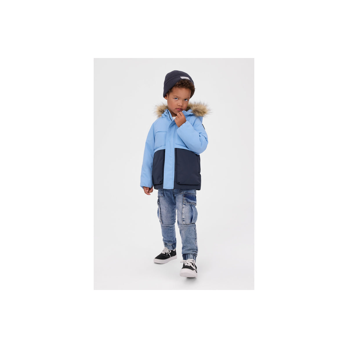 Boys colour-block padded parka, complete model centered with white margins