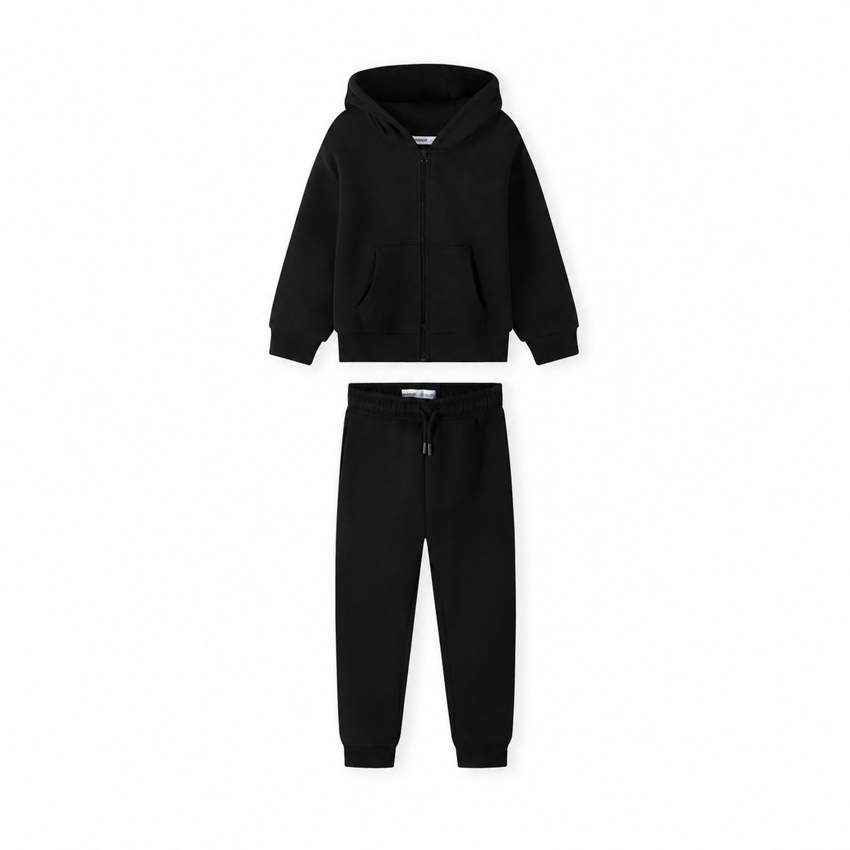 Black zip hoodie and joggers set, complete outfit centered in square image