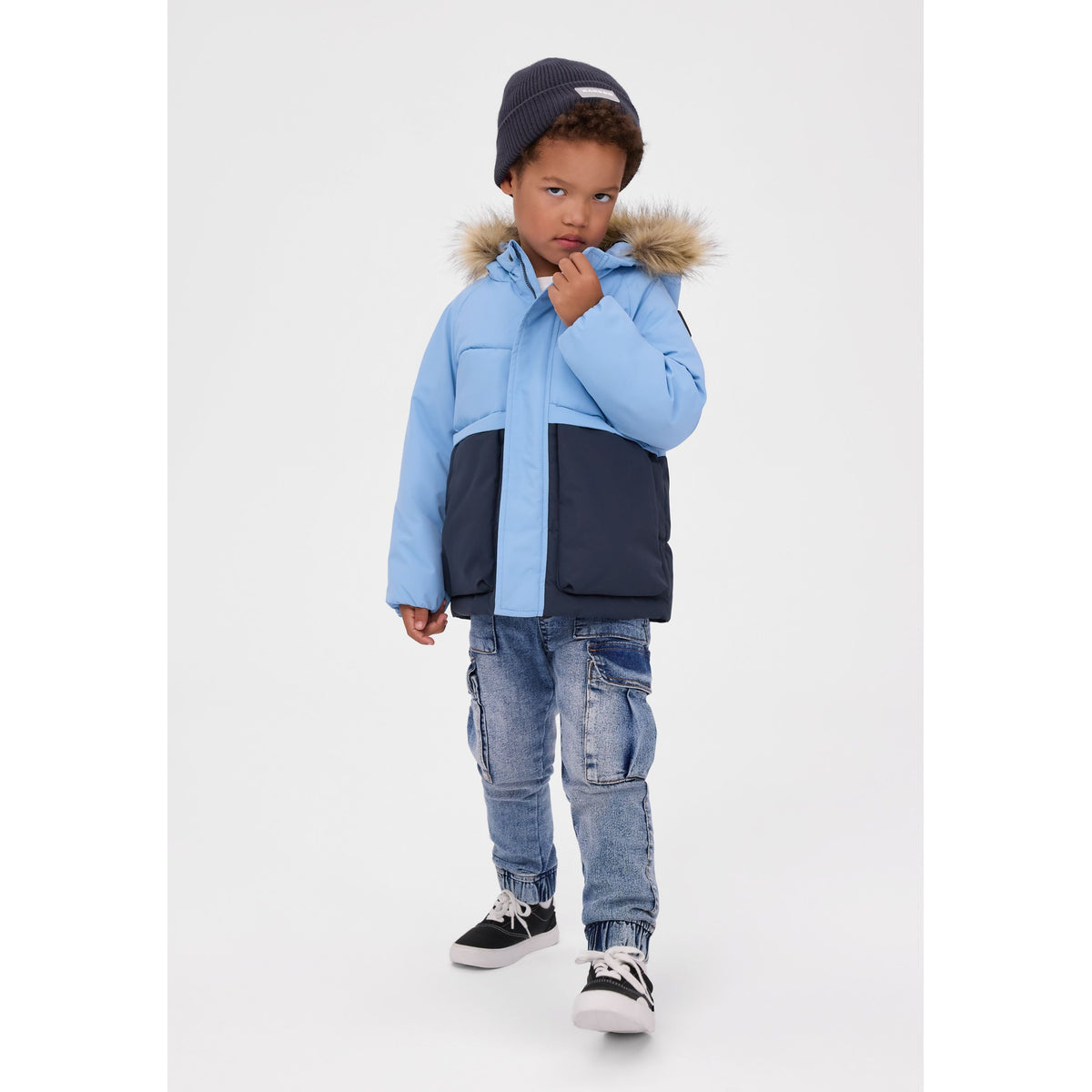 Boys' colour-block padded parka — full view on white square background