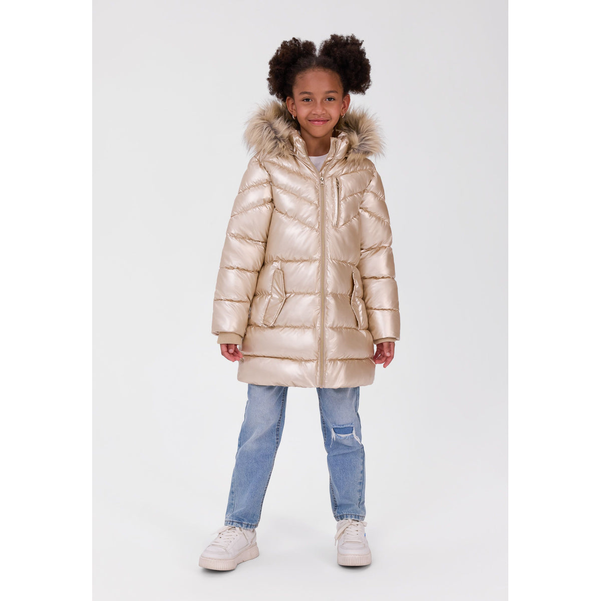 Girls' glossy hooded padded coat — full view on white square background