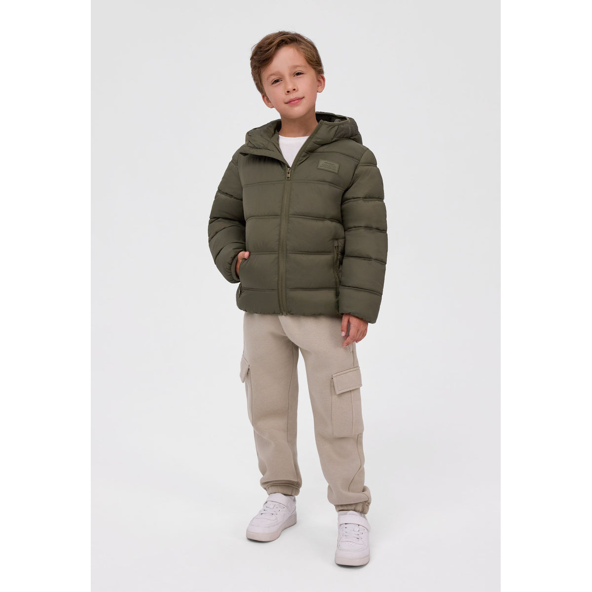 Boys' hooded padded jacket in khaki — full view on white square background