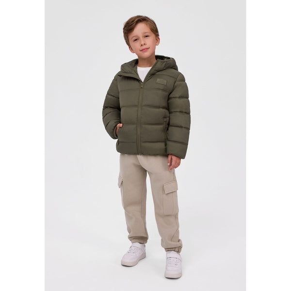 Boys' hooded padded jacket in khaki — full view on white square background