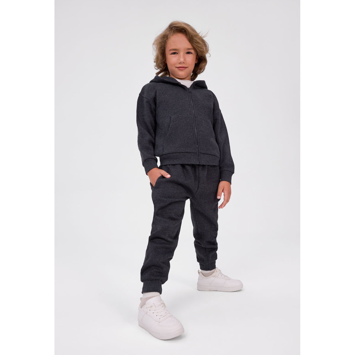 Zip-up hoodie and joggers set in charcoal grey — full view on white square background
