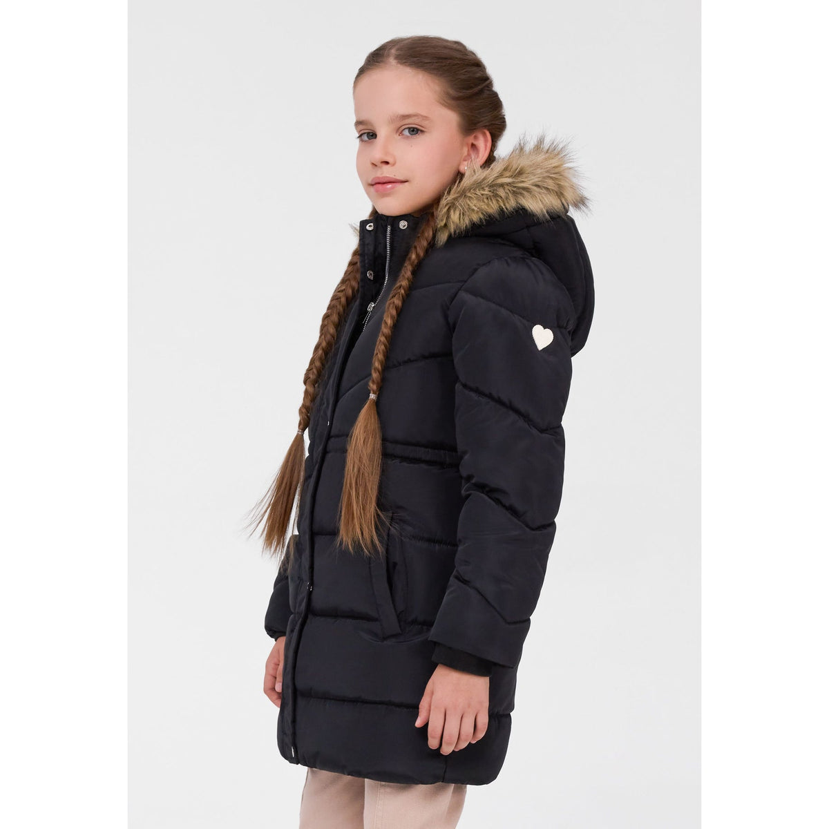 Girls' padded coat with removable hood trim in black — complete product view for square Shop card