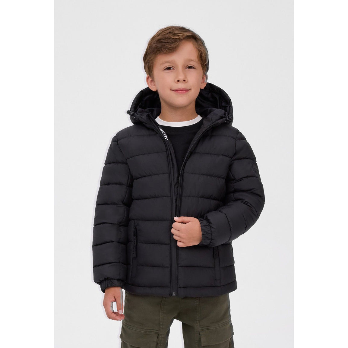 Boys' hooded padded jacket in black — complete product view for square Shop card