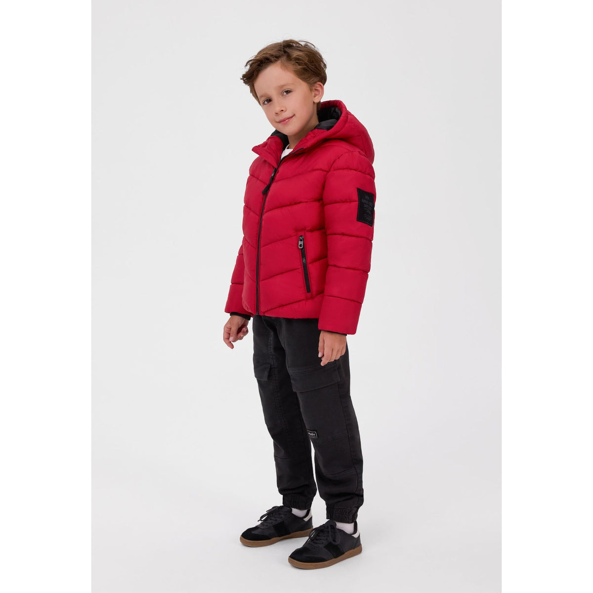 Hooded padded jacket with zipped pockets in red — complete product view for square Shop card