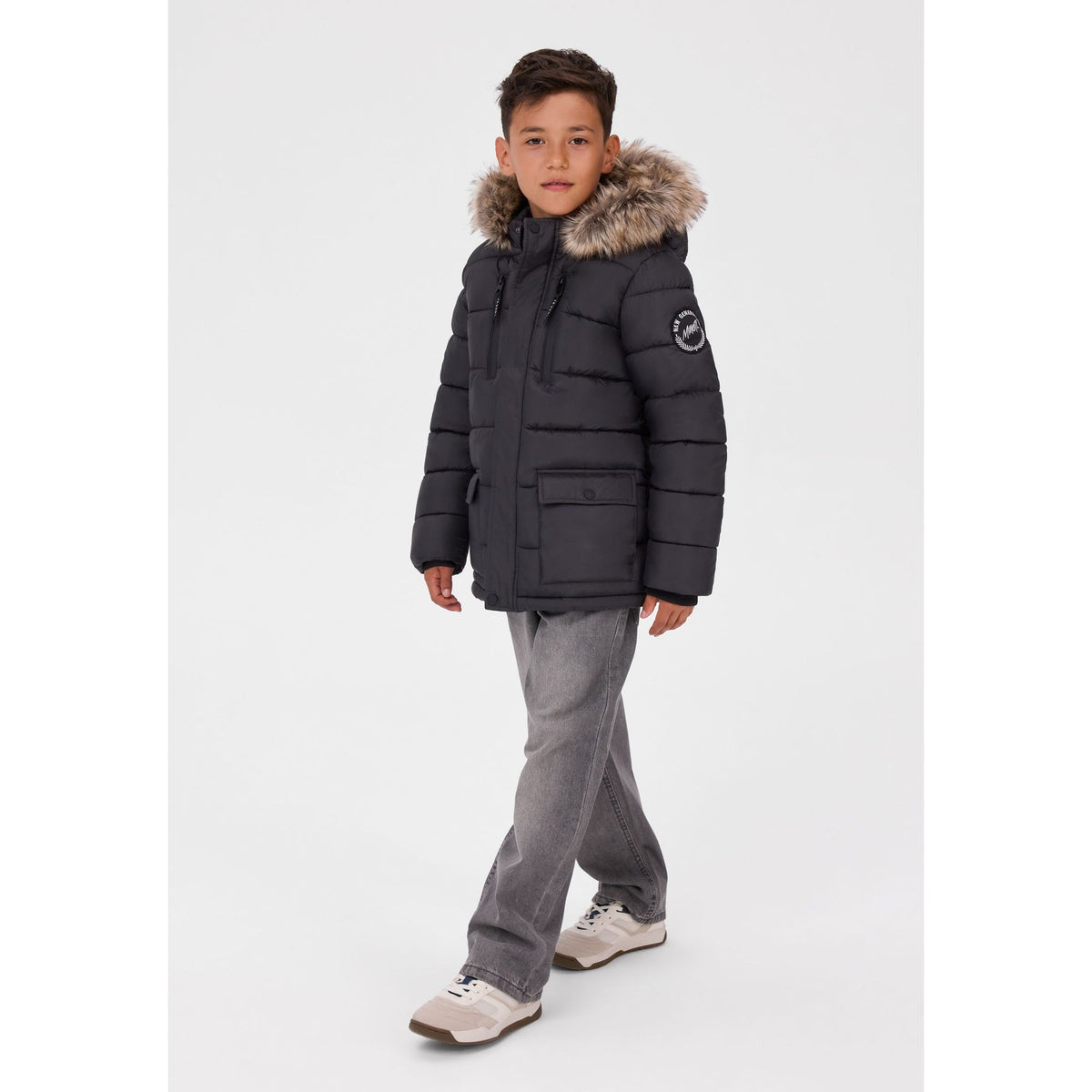 Boys' hooded padded coat in charcoal — complete product view for square Shop card
