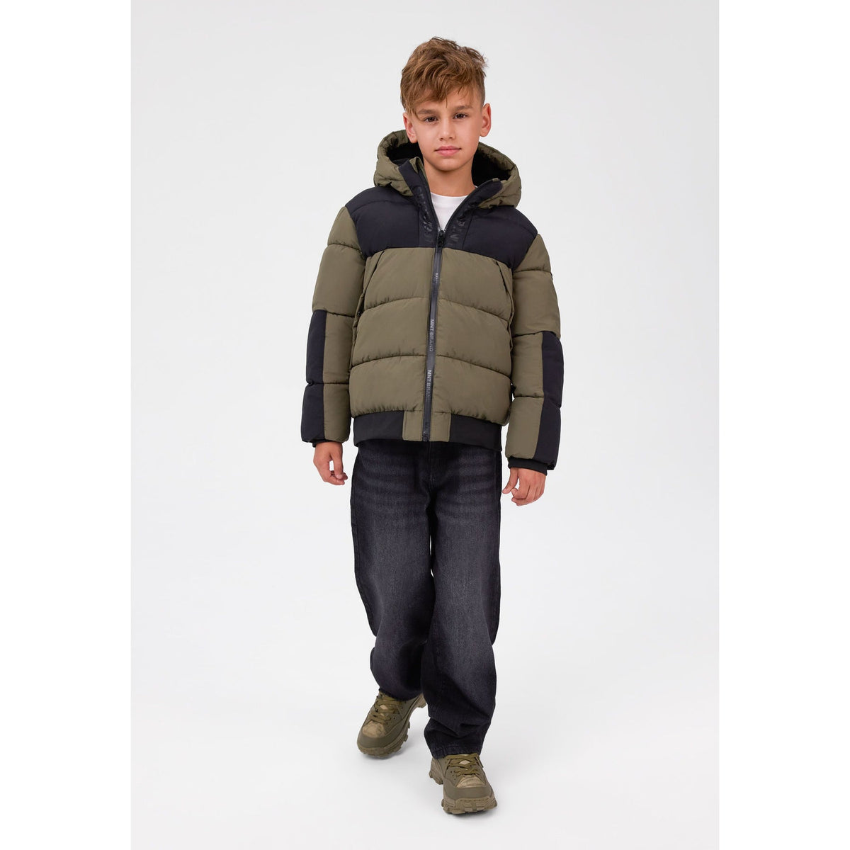 Hooded padded jacket in olive green and black — complete product view for square Shop card