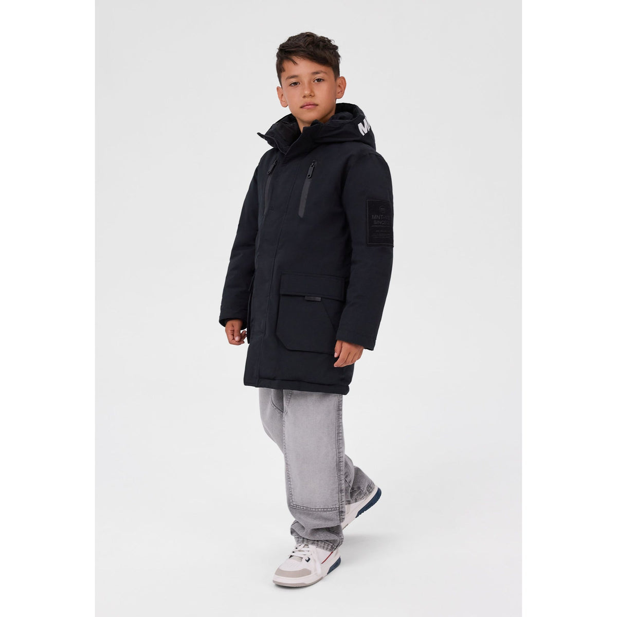 Boys' hooded padded parka in black — complete product view for square Shop card