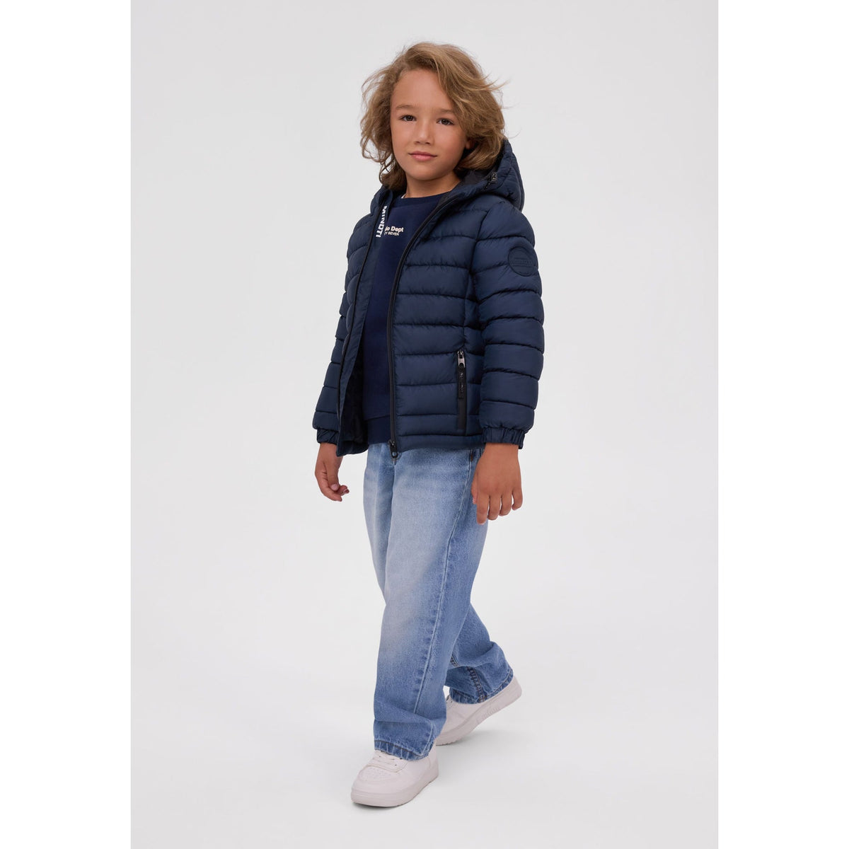 Boys' hooded padded jacket in navy — complete product view for square Shop card