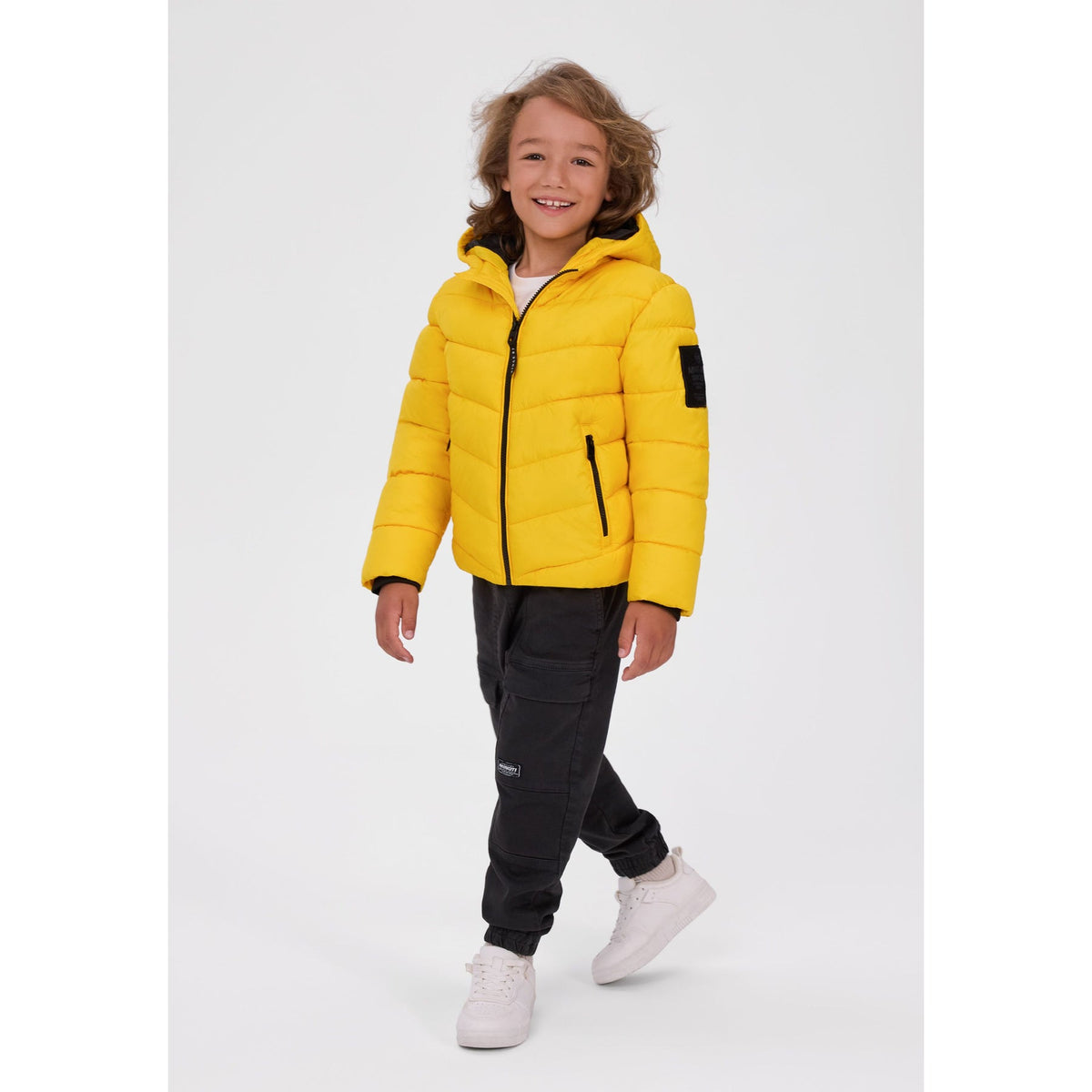 Hooded padded jacket with zipped pockets in yellow — complete product view for square Shop card