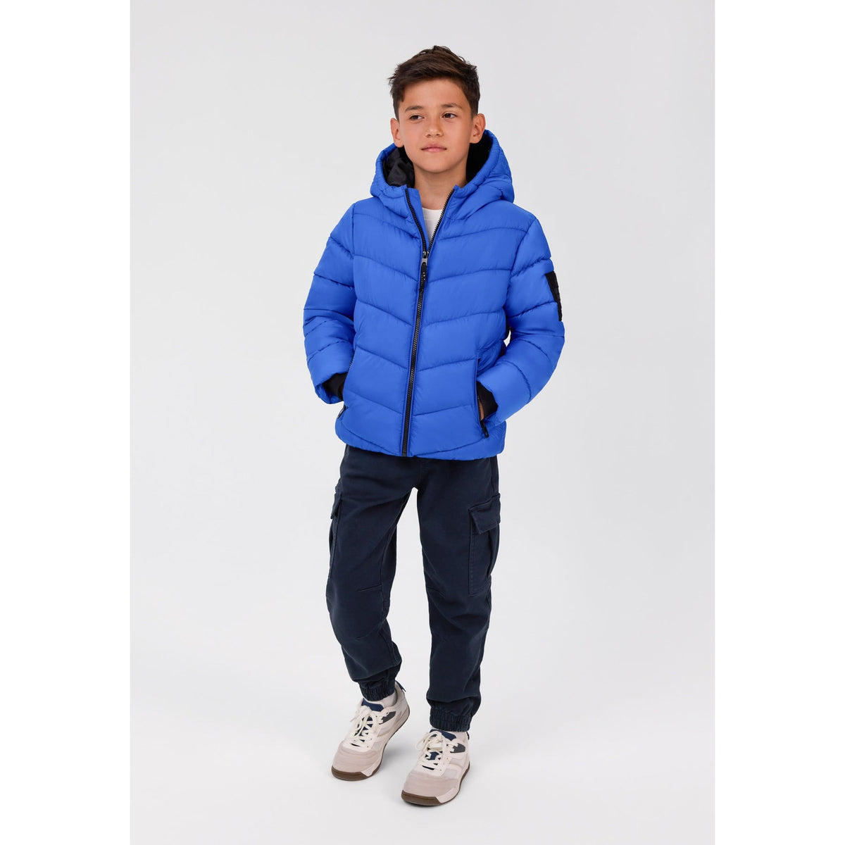 Hooded padded jacket with zipped pockets in blue — complete product view for square Shop card