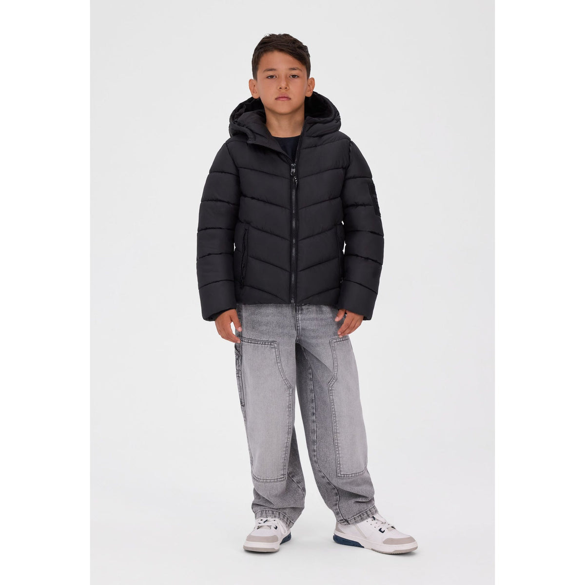 Hooded padded jacket with zipped pockets in black — complete product view for square Shop card