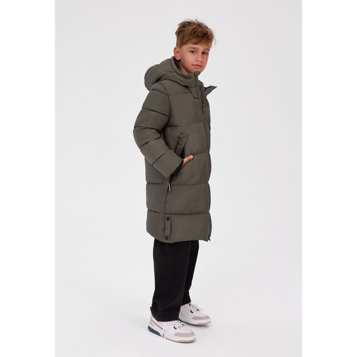 Longline padded coat with side poppers — complete product view for square Shop card