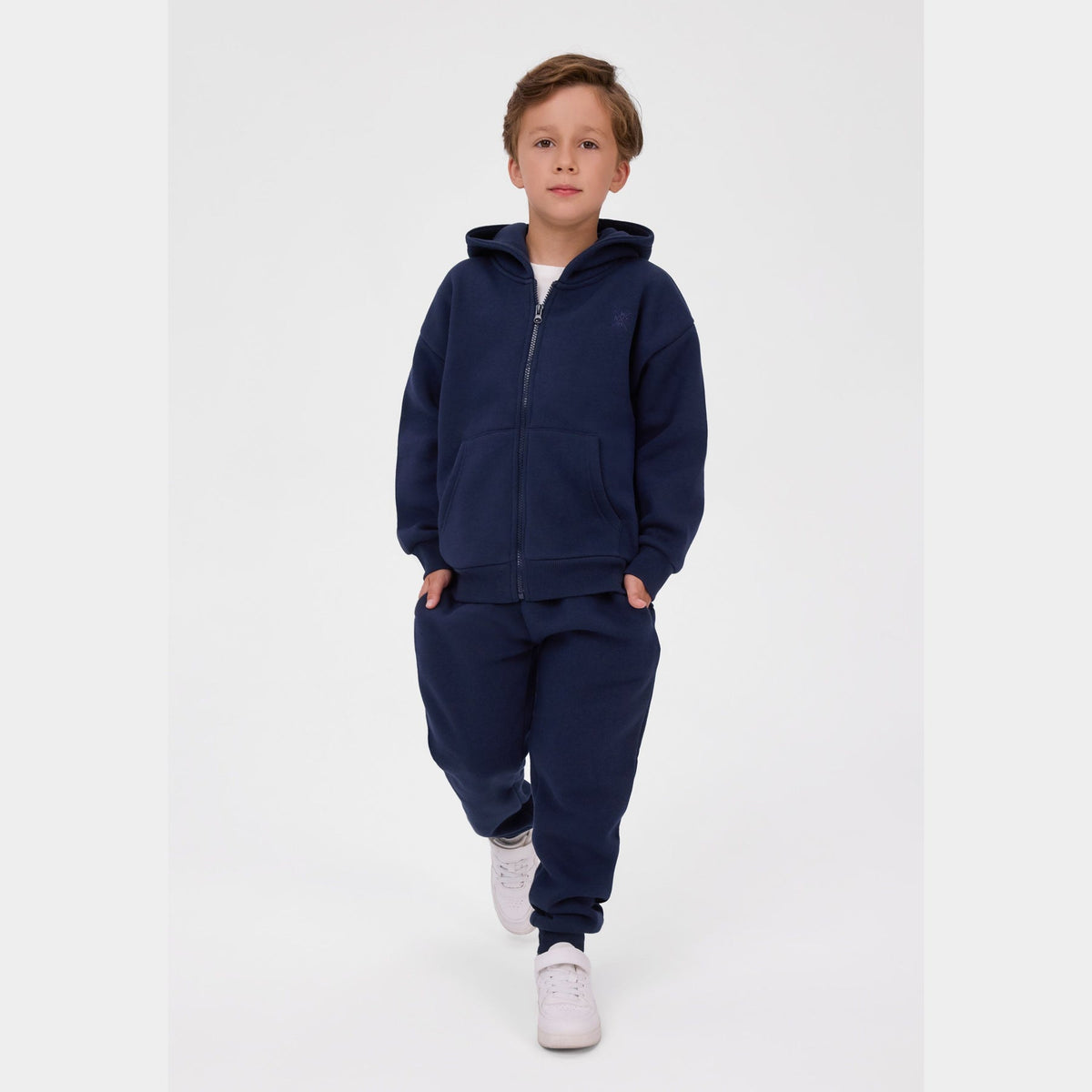 Zip-up hoodie and joggers set in navy — complete product view for square Shop card
