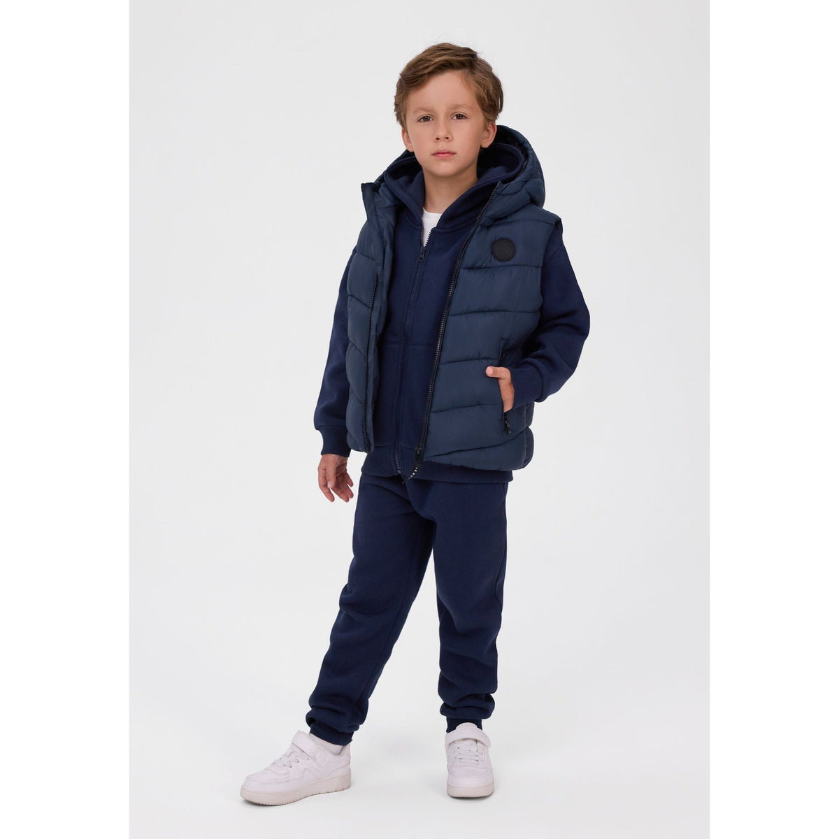 Hooded padded gilet in navy — complete product view for square Shop card