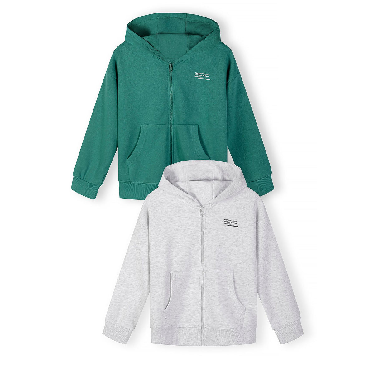 Kids' green and grey marl zip-up hoodies 2-pack, both hoodies front