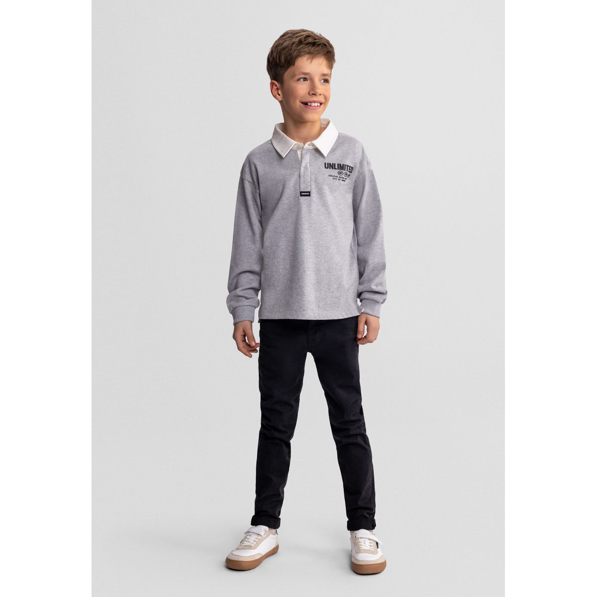 Boys' rugby shirt in grey marl and white — complete product view for square Shop card