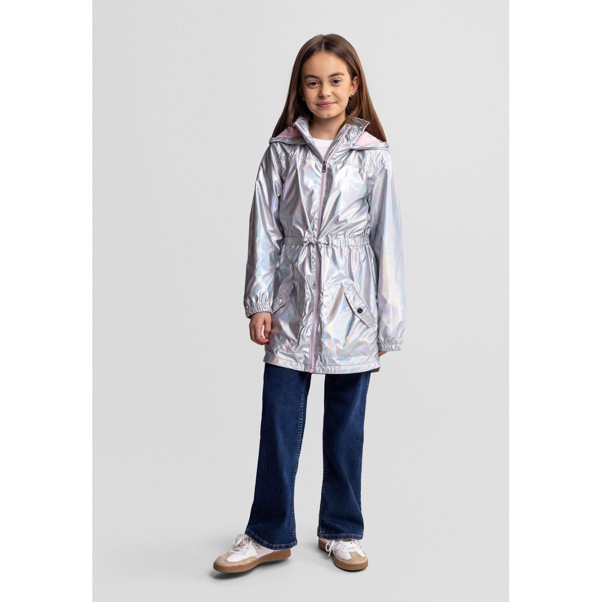 Girls' metallic parka in silver — complete product view for square Shop card