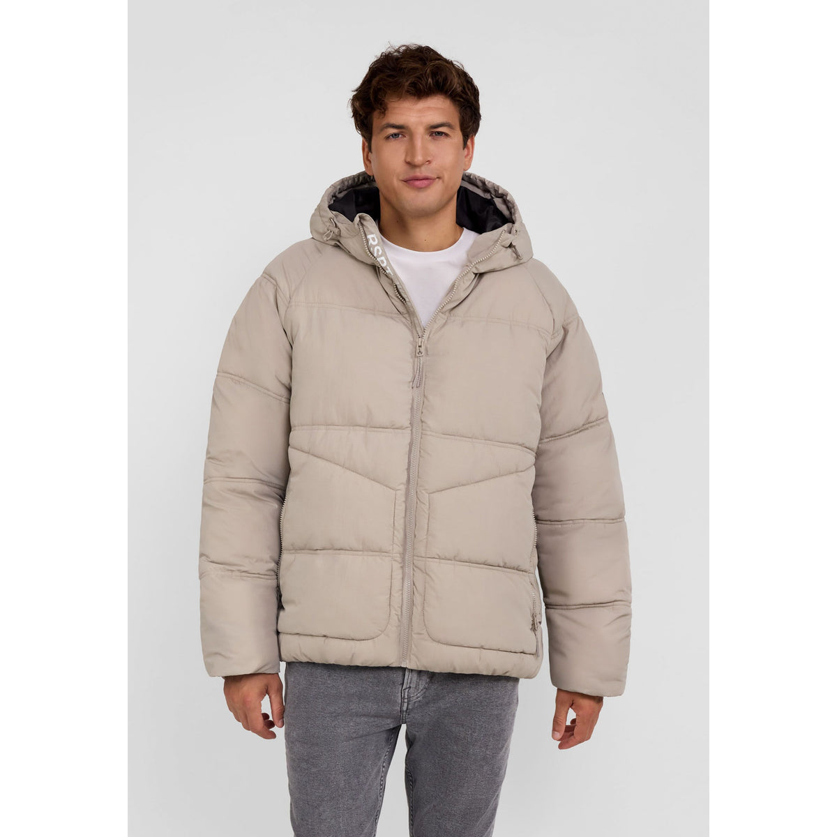 Men's puffer jacket in light beige — complete product view for square Shop card