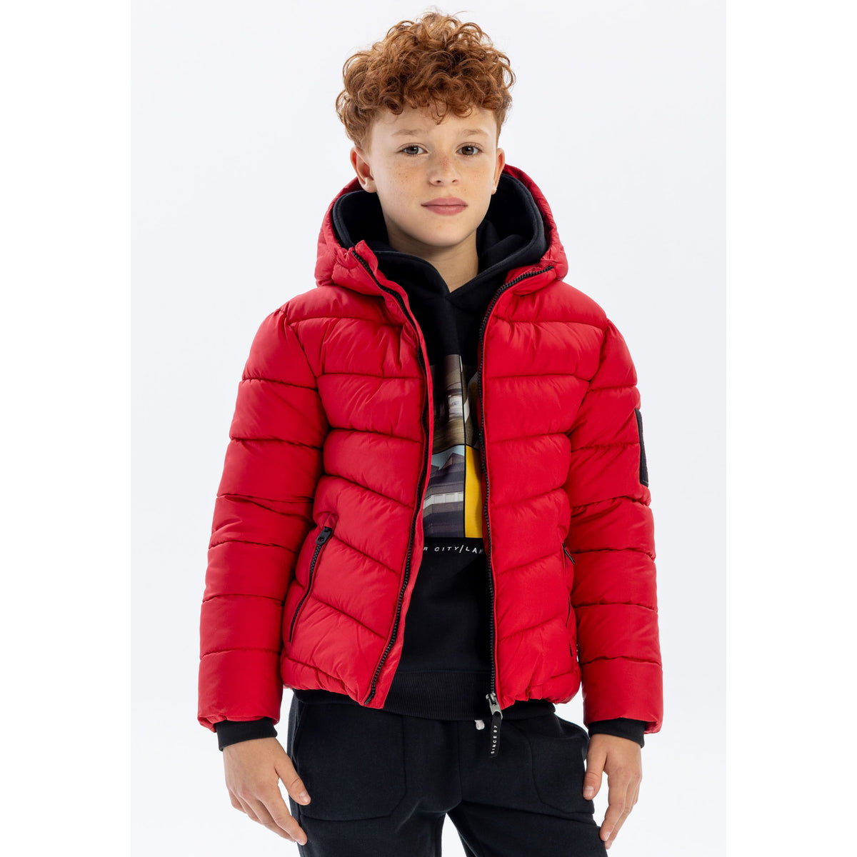Boys' puffer jacket in red — complete product view for square Shop card