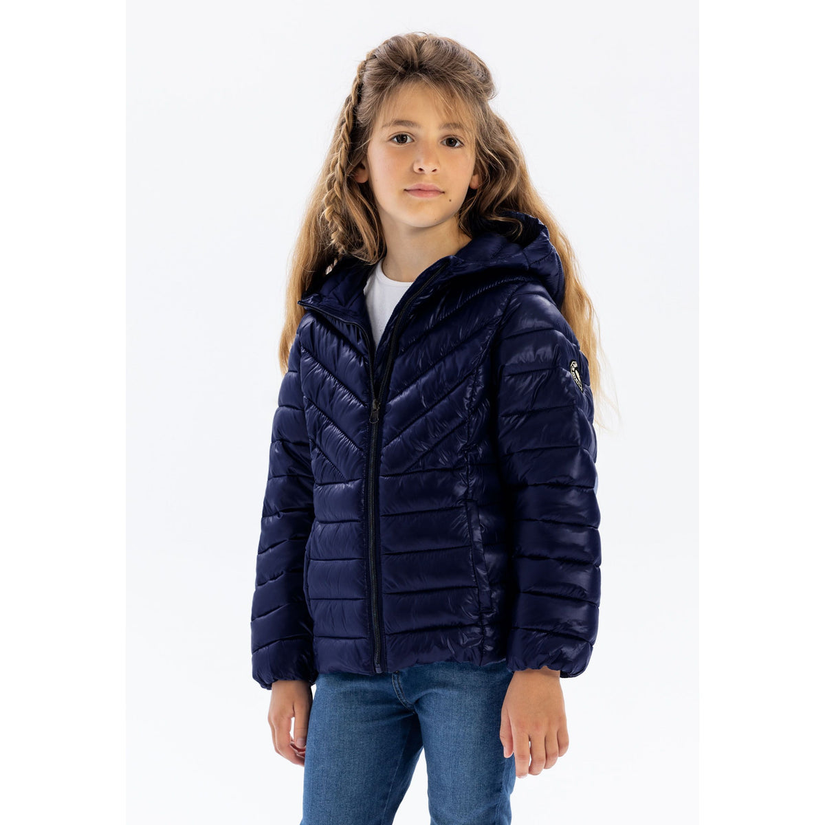 Girls' puffer jacket in navy — complete product view for square Shop card