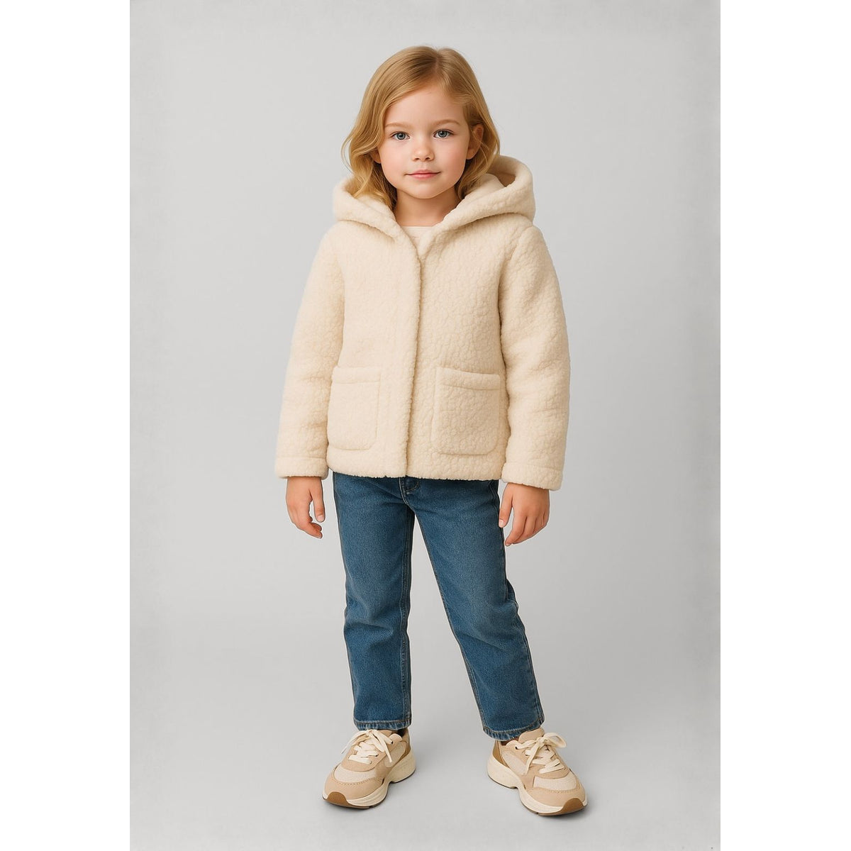 Girls' teddy jacket in cream — complete product view for square Shop card