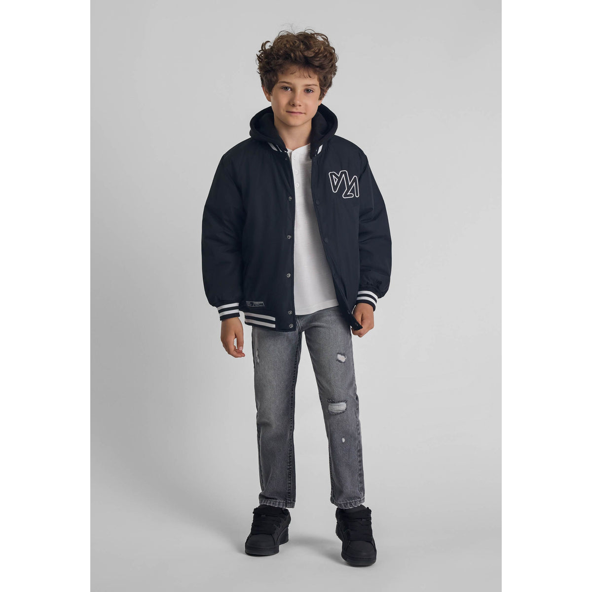 Boys' varsity jacket in black — complete product view for square Shop card