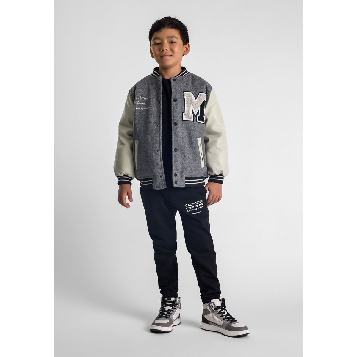 Boys' varsity jacket in grey — complete product view for square Shop card