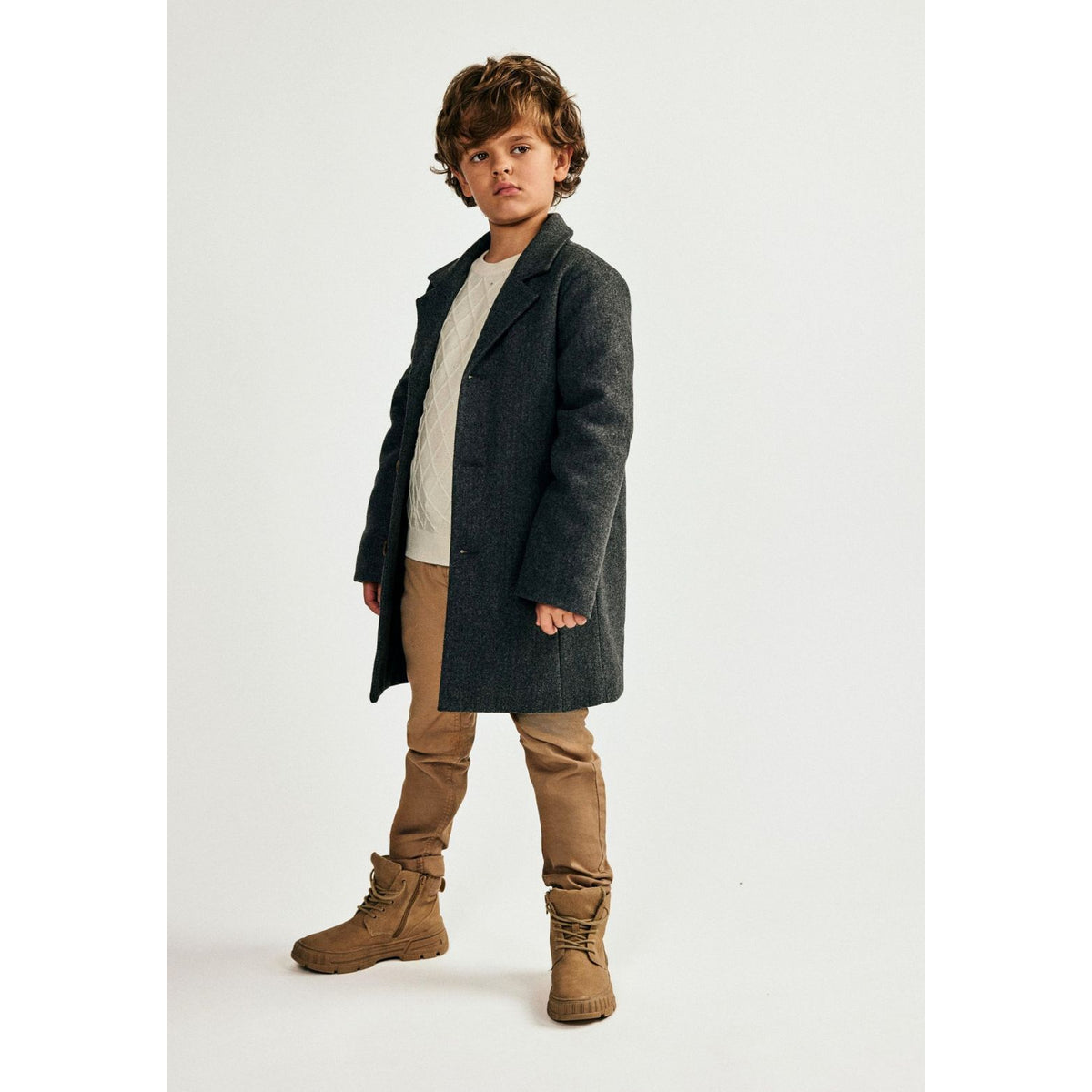 Boys' single-breasted coat in charcoal grey — complete product view for square Shop card
