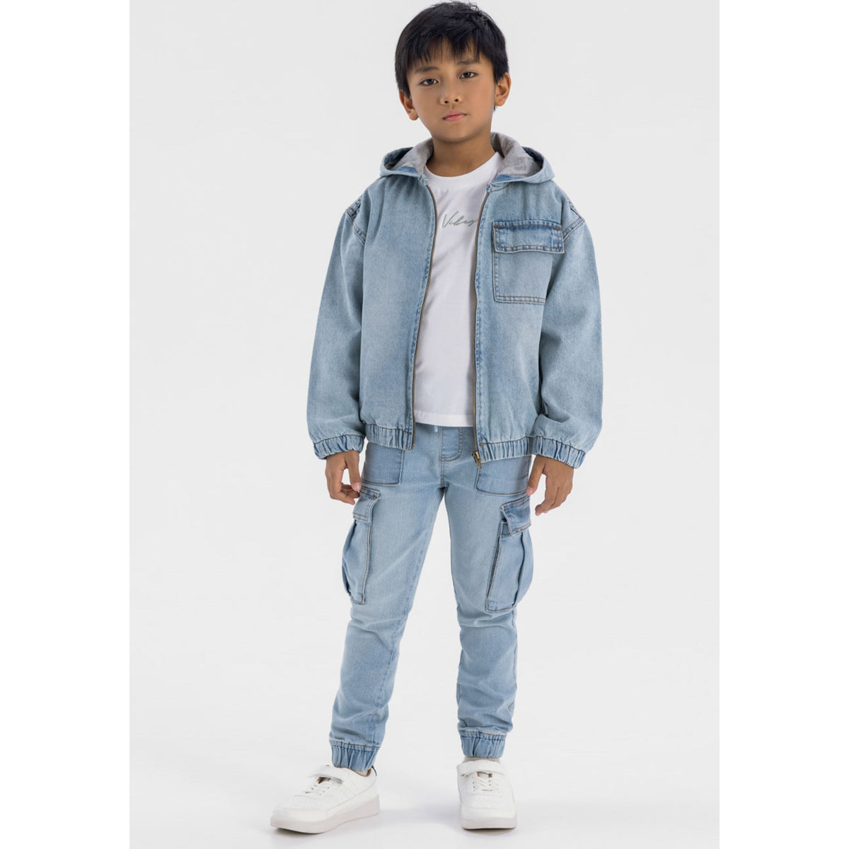 Boys' hooded denim jacket in light blue — complete product view for square Shop card