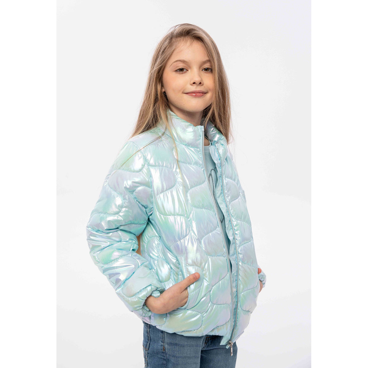 Girls' quilted jacket in light blue — complete product view for square Shop card
