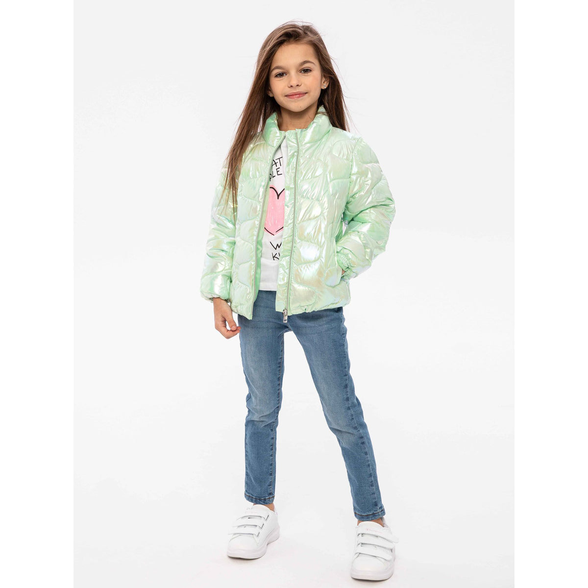 Girls' quilted jacket in light green — complete product view for square Shop card