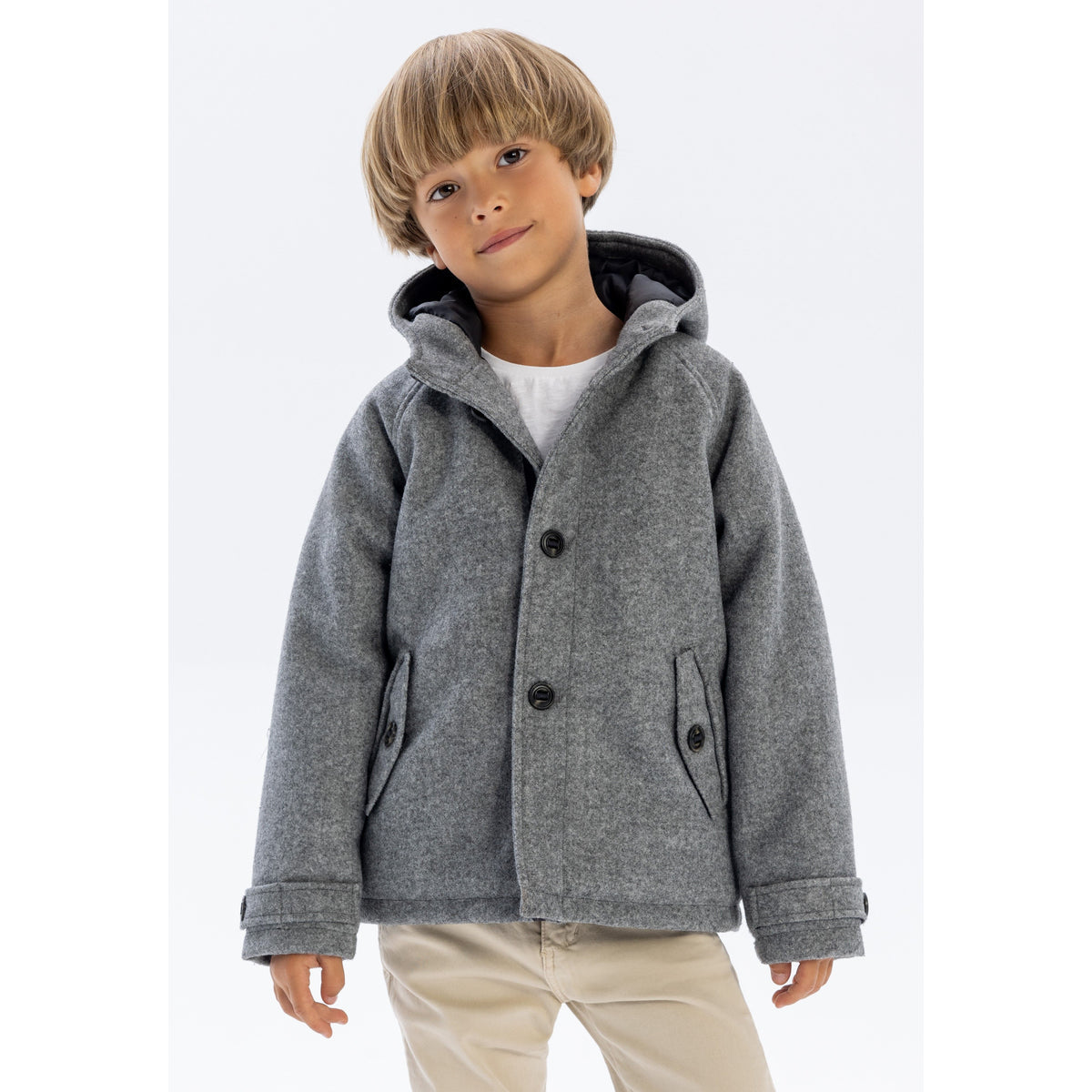 Boys' hooded coat in grey — complete product view for square Shop card
