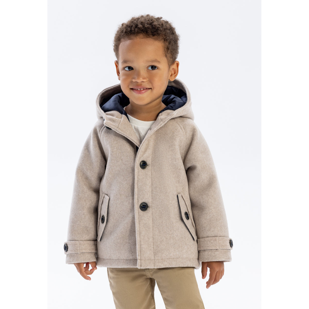 Boys' hooded coat in beige — complete product view for square Shop card