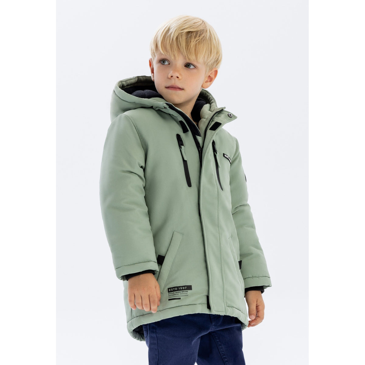 Boys' parka in sage green — complete product view for square Shop card